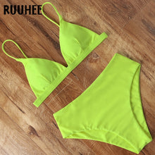 Load image into Gallery viewer, RUUHEE 2020 Bikini Swimwear Swimsuit Women Solid Bathing Suit Green Neno Bikini Set With Pad Female High Waist Beachwear Biquini