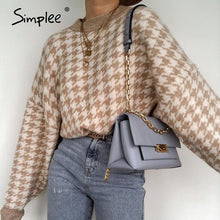 Load image into Gallery viewer, Simplee women geometric khaki knitted sweater women casual Houndstooth lady pullover sweater female Autumn winter retro jumper