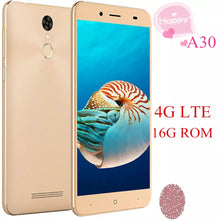 Load image into Gallery viewer, A30 4G LTE smartphones 2G RAM 16G ROM quad core fingerprint ID unlocked android celulares mobile phones 5.5INCH 1280x720 3G WIFI
