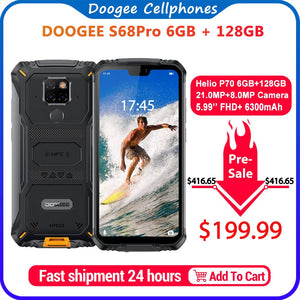 IP68 Waterproof DOOGEE S68 Pro Rugged Phone Wireless Charge NFC 6300mAh 12V2A Charge 5.9 inch FHD+ Helio P70 Octa Core 6GB 128GB