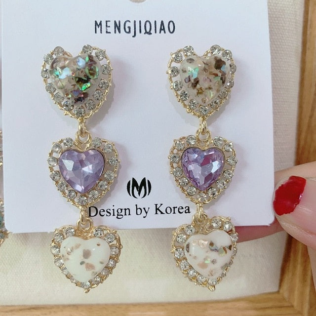 MENGJIQIAO New Korean Shiny Heart Crystal Drop Earrings For Women Fashion Shell Rhinestone Boucle D'oreille Party Jeweley Gift