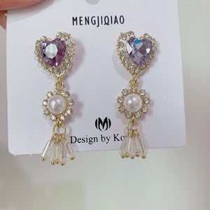 MENGJIQIAO New Korean Shiny Heart Crystal Drop Earrings For Women Fashion Shell Rhinestone Boucle D'oreille Party Jeweley Gift