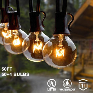 25Ft 30ft 50ft G40 String Lights with Globe Clear Bulbs &  Spare Bulbs Waterproof IP44 Patio Hanging Lights for Indoor & Outdoor