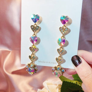 MENGJIQIAO New Korean Shiny Heart Crystal Drop Earrings For Women Fashion Shell Rhinestone Boucle D'oreille Party Jeweley Gift