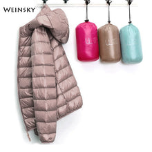 Load image into Gallery viewer, Winter Women Ultralight Thin Down Jacket White Duck Down Hooded Jackets Long Sleeve Warm Coat Parka Female Portable Outwear
