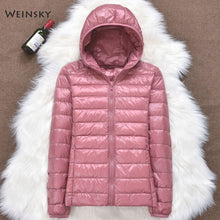 Load image into Gallery viewer, Winter Women Ultralight Thin Down Jacket White Duck Down Hooded Jackets Long Sleeve Warm Coat Parka Female Portable Outwear
