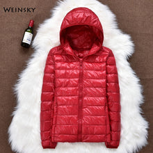 Load image into Gallery viewer, Winter Women Ultralight Thin Down Jacket White Duck Down Hooded Jackets Long Sleeve Warm Coat Parka Female Portable Outwear
