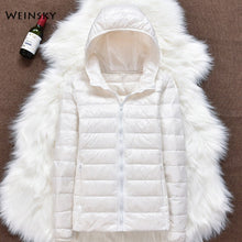 Load image into Gallery viewer, Winter Women Ultralight Thin Down Jacket White Duck Down Hooded Jackets Long Sleeve Warm Coat Parka Female Portable Outwear
