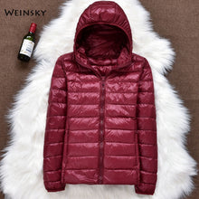 Load image into Gallery viewer, Winter Women Ultralight Thin Down Jacket White Duck Down Hooded Jackets Long Sleeve Warm Coat Parka Female Portable Outwear
