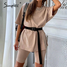 Load image into Gallery viewer, Simplee Casual solid outfits women&#39;s two piece suit with belt Home loose sports tracksuits fashion bicycle suit summer hot 2020
