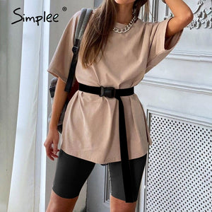 Simplee Casual solid outfits women's two piece suit with belt Home loose sports tracksuits fashion bicycle suit summer hot 2020