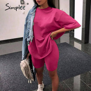 Simplee Casual solid outfits women's two piece suit with belt Home loose sports tracksuits fashion bicycle suit summer hot 2020