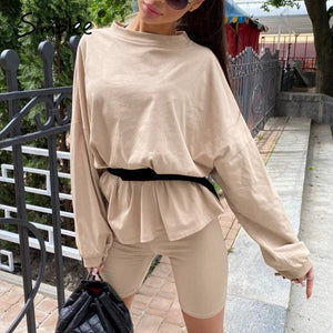 Simplee Casual solid outfits women's two piece suit with belt Home loose sports tracksuits fashion bicycle suit summer hot 2020