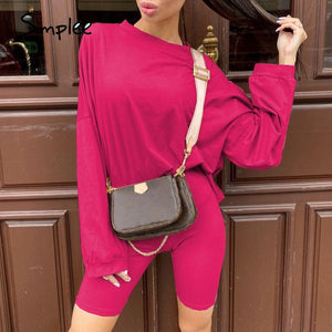 Simplee Casual solid outfits women's two piece suit with belt Home loose sports tracksuits fashion bicycle suit summer hot 2020