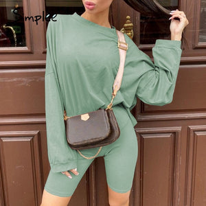 Simplee Casual solid outfits women's two piece suit with belt Home loose sports tracksuits fashion bicycle suit summer hot 2020