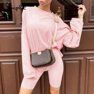 Simplee Casual solid outfits women's two piece suit with belt Home loose sports tracksuits fashion bicycle suit summer hot 2020