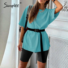 Load image into Gallery viewer, Simplee Casual solid outfits women&#39;s two piece suit with belt Home loose sports tracksuits fashion bicycle suit summer hot 2020
