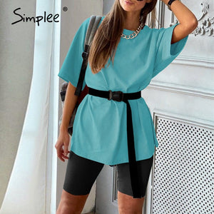 Simplee Casual solid outfits women's two piece suit with belt Home loose sports tracksuits fashion bicycle suit summer hot 2020