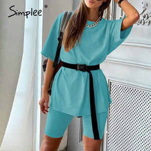 Simplee Casual solid outfits women's two piece suit with belt Home loose sports tracksuits fashion bicycle suit summer hot 2020