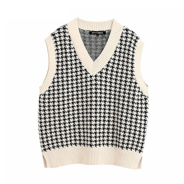 KPYTOMOA Women 2020 Fashion Oversized Knitted Vest Sweater V Neck Sleeveless Side Vents Loose Female Waistcoat Chic Tops