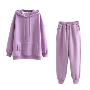 Tangada 2020 Autumn Winter Women thick fleece 100% cotton suit 2 pieces sets hoodies sweatshirt and pants suits 6L17